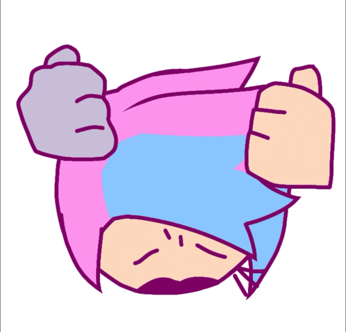 a cartoon drawing of a girl with pink hair and blue hair