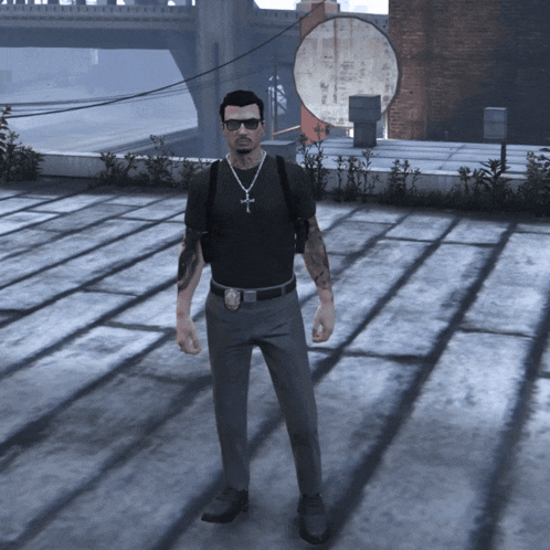 a man in a black shirt with a cross necklace is standing on a rooftop