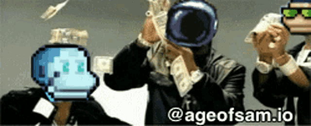 a group of men are holding money in front of their faces and the words ageofsam.io are on the bottom of the image