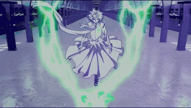 a person in a white robe is surrounded by a green light