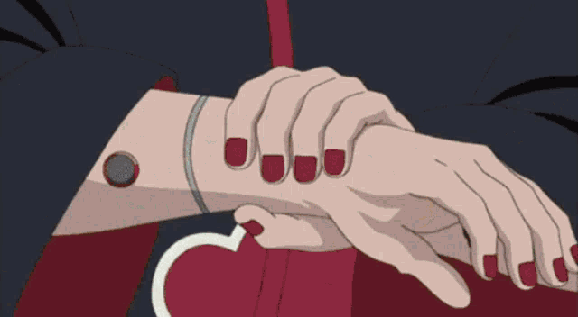 a cartoon character with red nails and a heart on his arm