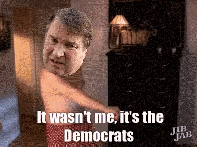 a shirtless man in polka dot shorts says it wasn 't me it 's the democrats .