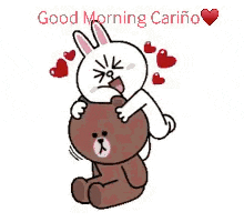 a bunny is hugging a brown teddy bear with the words `` good morning cariño '' written on it .