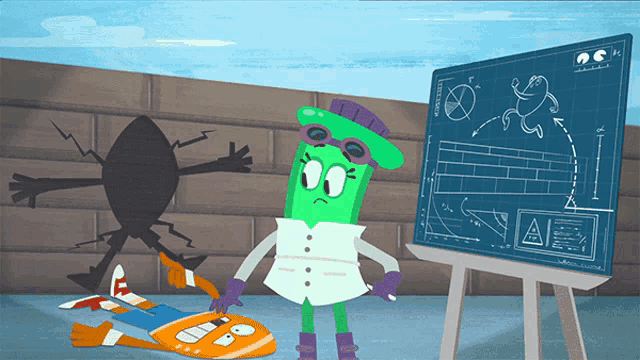 a cartoon character is standing in front of a chalkboard that says a on it
