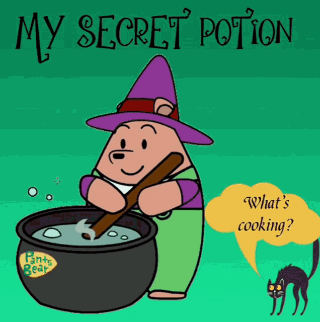 a cartoon of a bear in a witch hat stirring a cauldron with the words " my secret potion " above it
