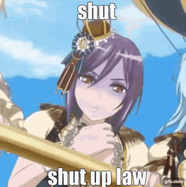 a purple haired anime girl with the words shut up law written on her face .