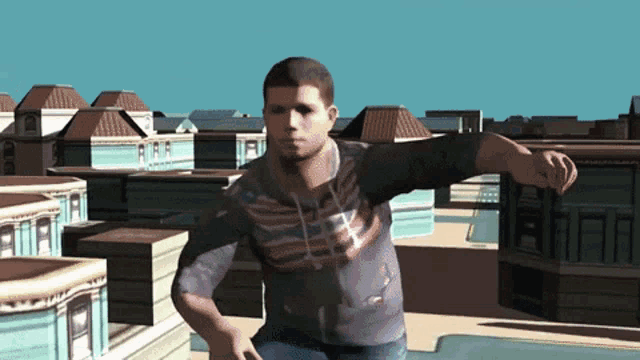 a man in a plaid shirt stands in front of a city