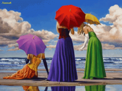 a painting of three women holding umbrellas with the name shannon on the bottom right