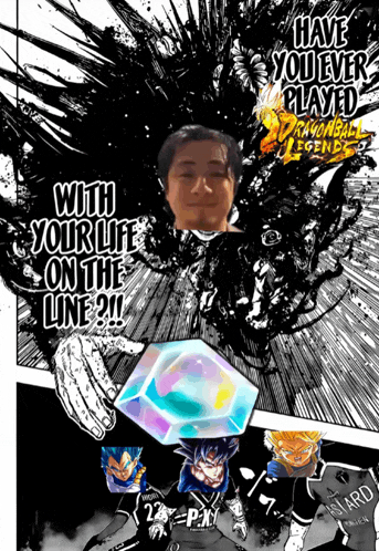 a poster for dragon ball legends with a man holding a cube