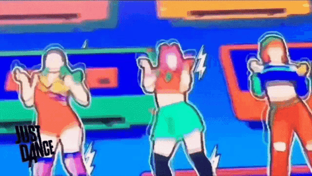 three girls are dancing in a video game called just dance