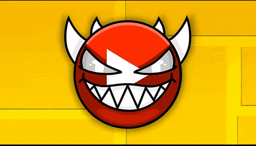 a red ball with white horns and sharp teeth is on a yellow background