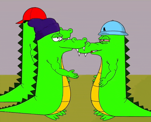 two green alligators wearing hats and glasses are kissing