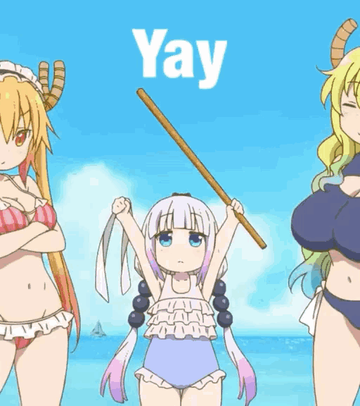 a group of anime girls in bikinis are standing on a beach holding sticks .