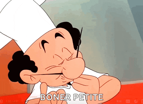 a cartoon of a chef with the words boner petite on the bottom
