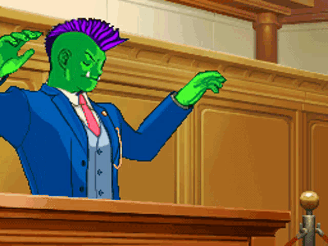 a green and purple mohawked man in a suit and tie