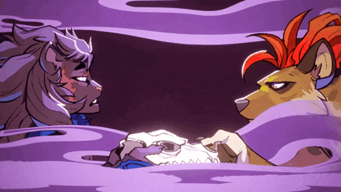 a cartoon drawing of two animals looking at each other with one holding a skull