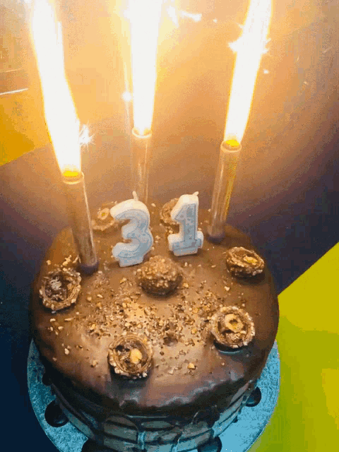 a chocolate cake with a number 31 candle on top