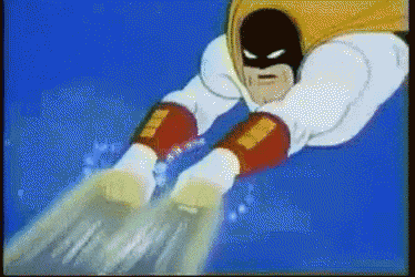 a cartoon of a man in a superhero costume flying through the air
