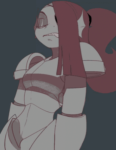 a drawing of a woman with pink hair and a sword in her mouth
