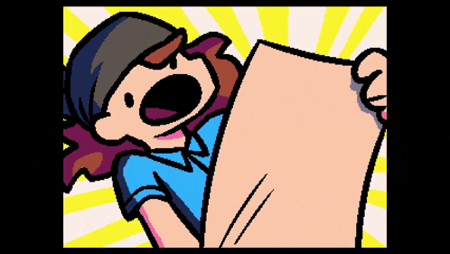 a cartoon drawing of a woman holding a piece of paper