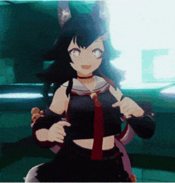 a girl with a cat ear and a red tie is pointing at something .