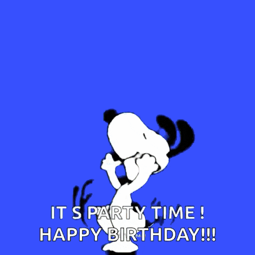 snoopy is dancing with the words " it 's party time happy birthday "