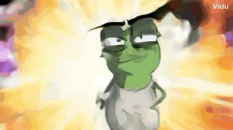 a cartoon frog is making a funny face while standing in front of a yellow background .