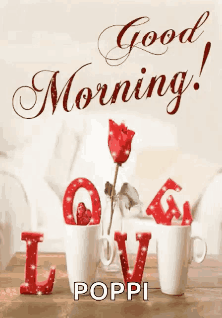 a card that says good morning poppi with a red rose in a vase