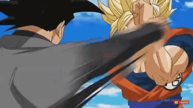 a cartoon of goku and gohan fighting with a subscribe button on the bottom