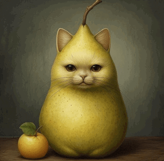 a cat that looks like a pear is sitting next to an apple