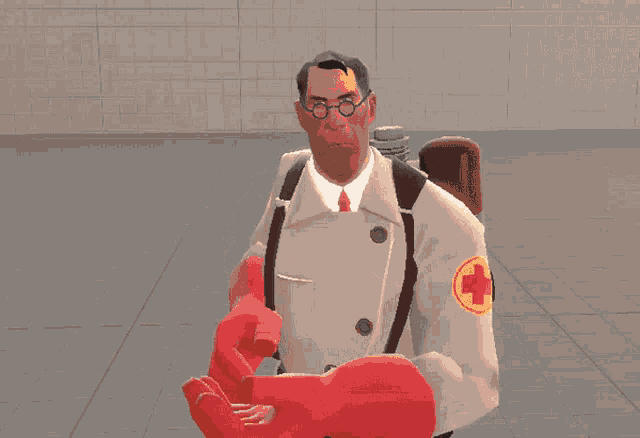 a man with glasses and a red tie is standing in front of a yellow background