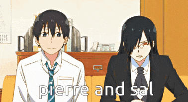 two anime characters are sitting next to each other and the words pierre and sal are on the screen