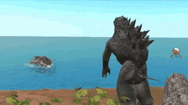 a cartoon of a monster standing on top of a rock next to the ocean .