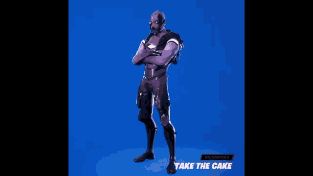 a video game character is holding a cake and says take the cake on the bottom