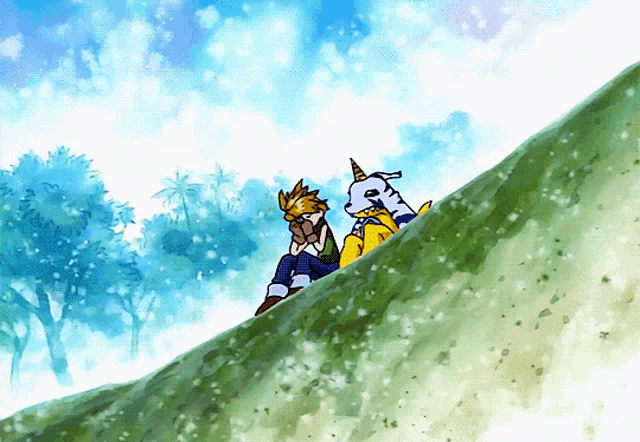 a boy and a goat are sitting on a hill with trees in the background