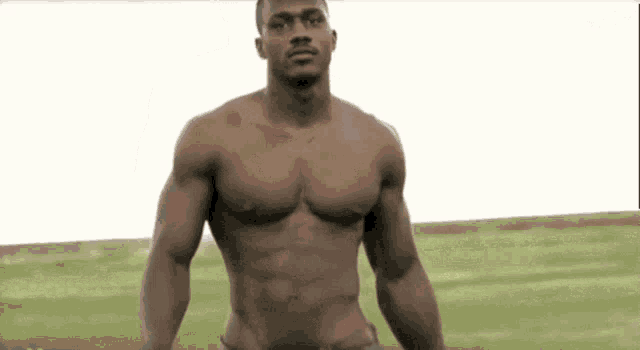 a shirtless man is standing in a field of grass
