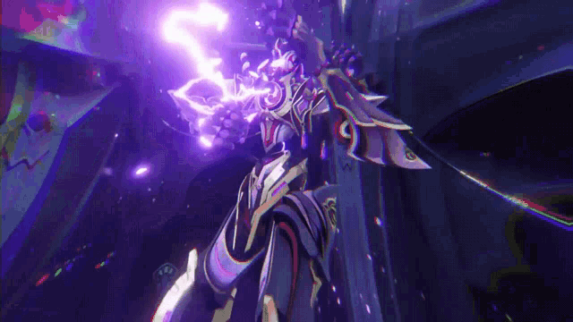 a person is standing in a dark room with a purple lightning bolt coming from their head .