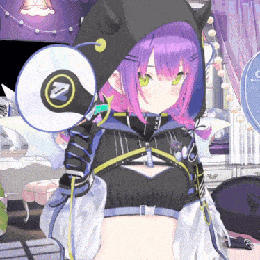 a girl with purple hair and green eyes holding a megaphone with the letter n on it