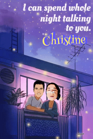 a cartoon of a man and a woman with the words " i can spend whole night talking to you christine "