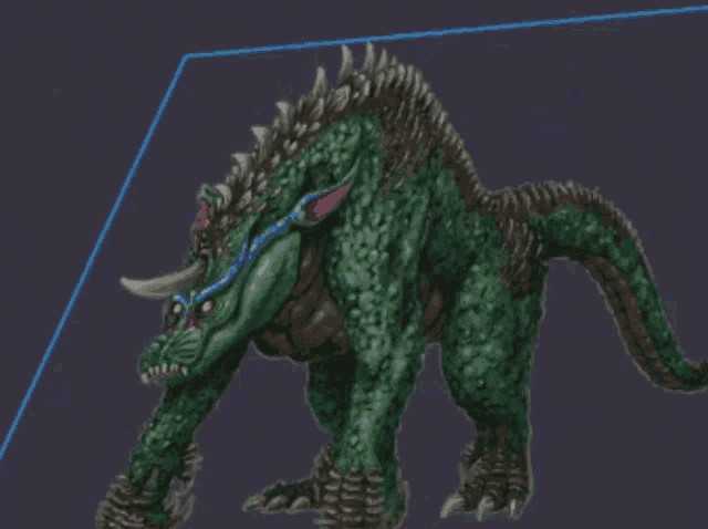 a painting of a green monster with horns and sharp teeth