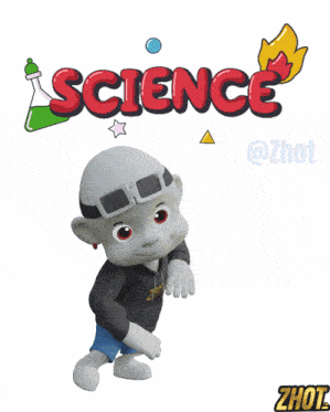 a cartoon character standing in front of the word science
