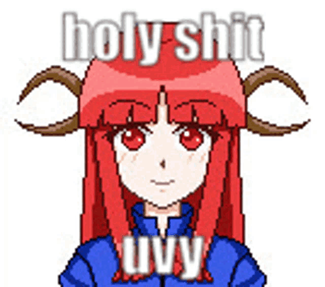 a pixel art of a girl with red hair and horns that says holy shit uvv .