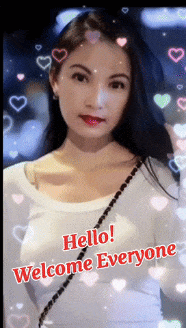 a picture of a woman with hearts and the words hello welcome everyone