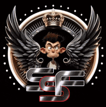 a cartoon character with wings and a crown behind the letter sf