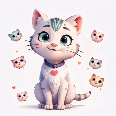 a cartoon cat with a heart on its collar is surrounded by smaller cats