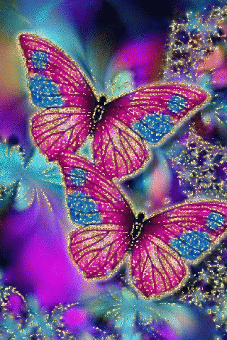 two pink and blue butterflies are sitting on a purple and blue background .