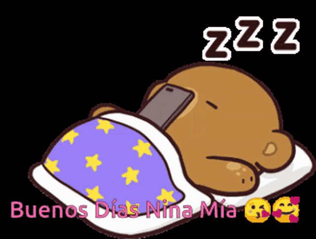 a cartoon of a teddy bear laying in bed with the words buenos dias nina mia