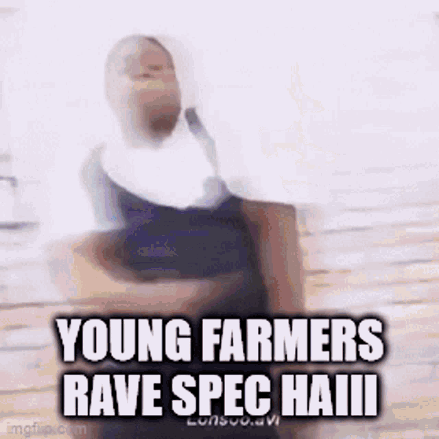 a man in a nun costume is holding a bag and says `` young farmers rave spec haii '' .
