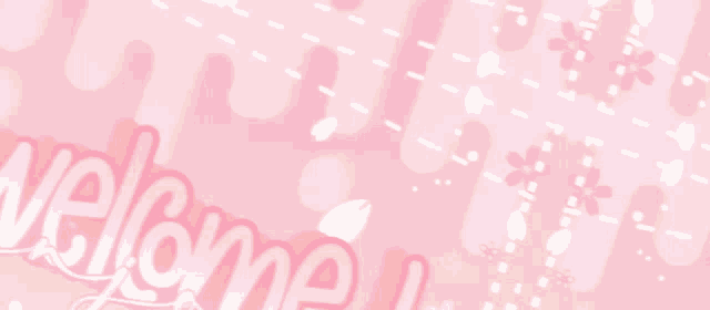 a girl with pink hair and red eyes is eating a strawberry and the word welcom is on the bottom