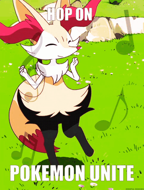 a cartoon of a fox with the words hop on pokemon unite on the bottom